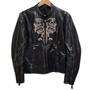 Milwaukee Leather Jacket Womens M Black Beige Embroidered Biker Moto Conceal Zip